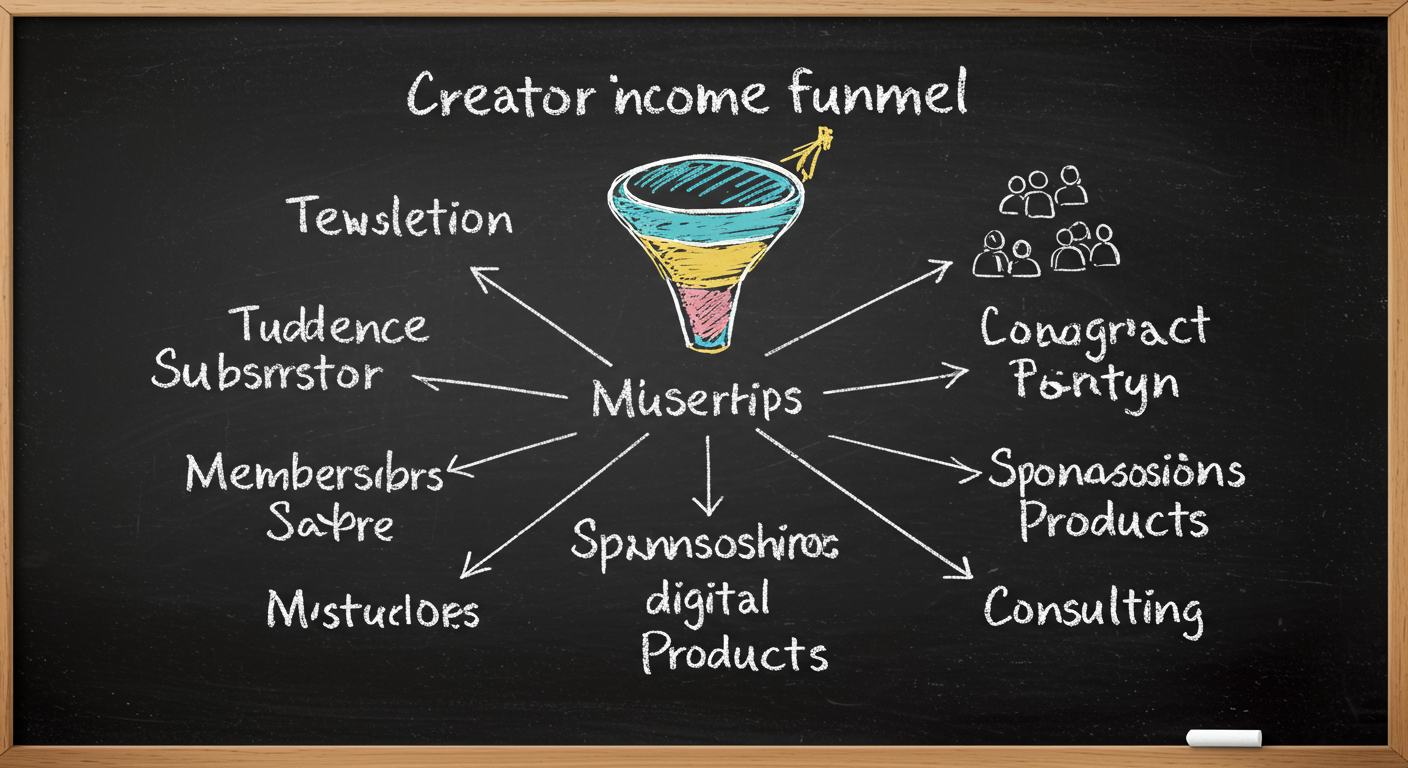 A creator income funnel showing audience attention turning into newsletter subscribers, memberships, sponsorships, digital products, and consulting