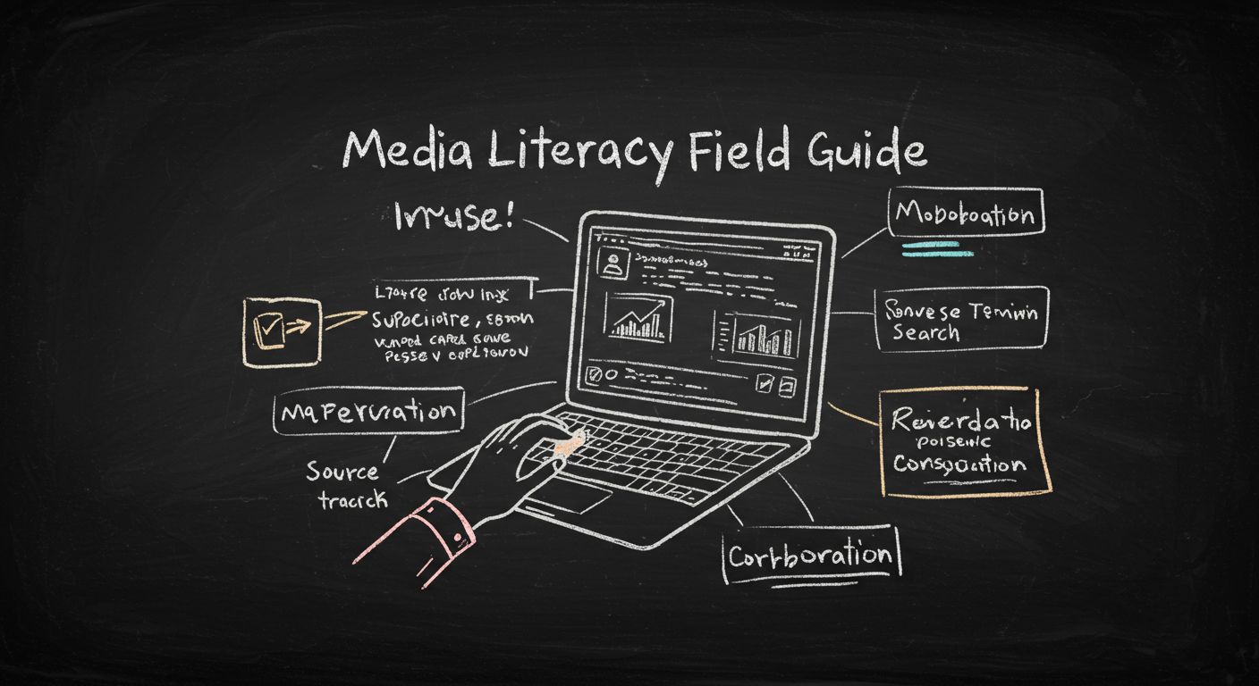 A media literacy field guide showing a person checking a suspicious image on a laptop with source tracing, metadata, reverse search, and corroboration notes around the screen