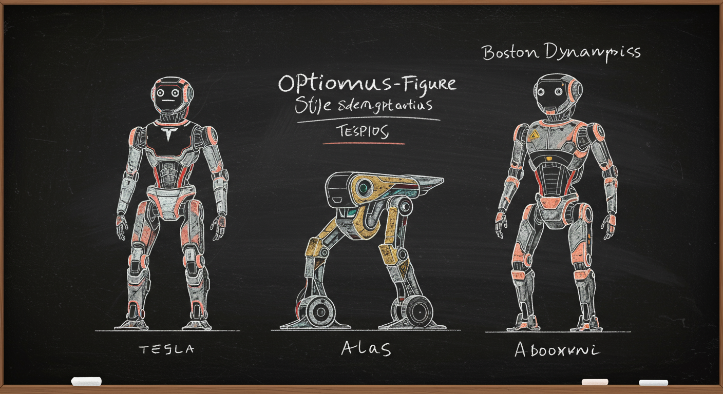 three humanoid robots in a factory comparison Tesla Optimus Figure and Boston Dynamics Atlas