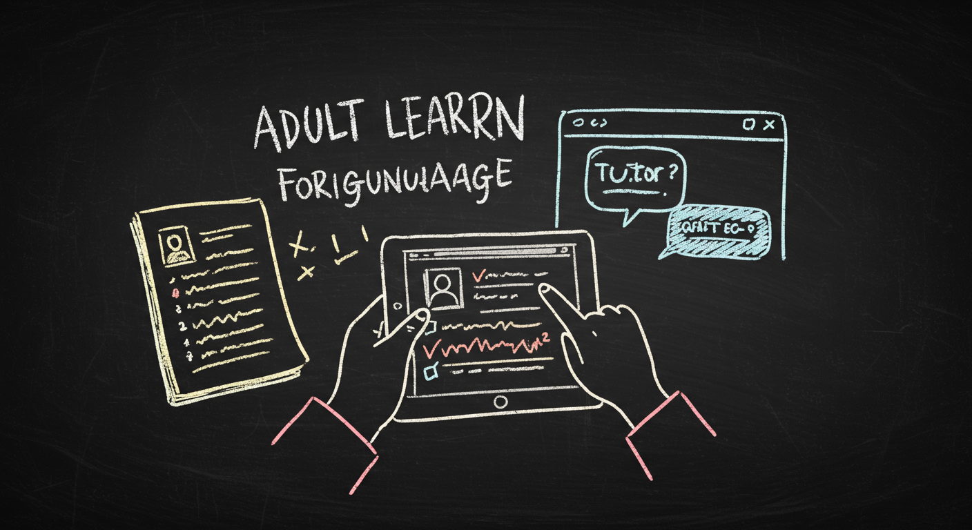 adult learner using a tablet to study a foreign language with captions, graded reader, and tutor chat window