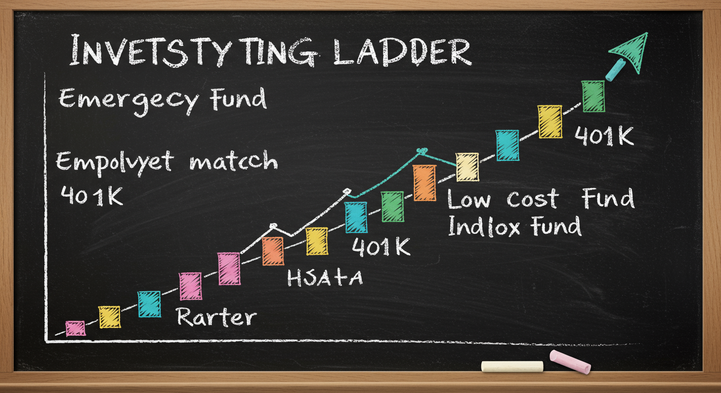 A clear investing ladder showing emergency fund, employer match, Roth IRA, 401k, HSA, and low-cost index fund