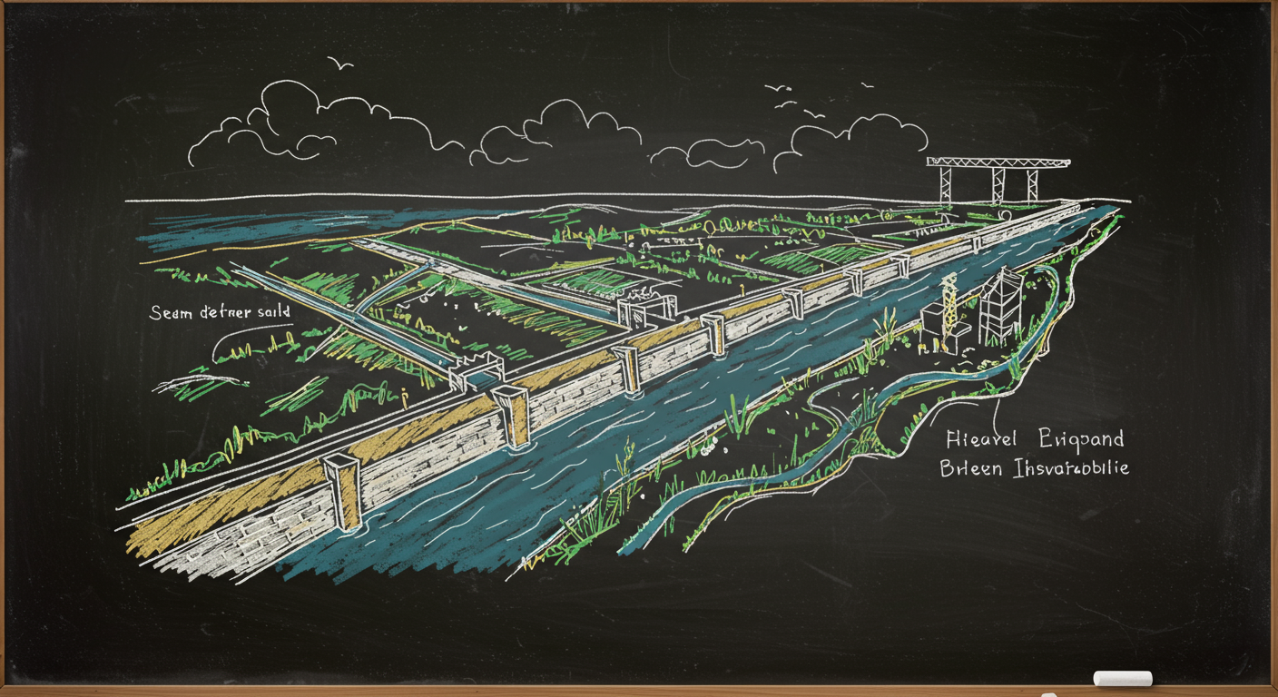 A coastal city flood defense system with a seawall, storm barrier gates, wetlands, and elevated critical infrastructure