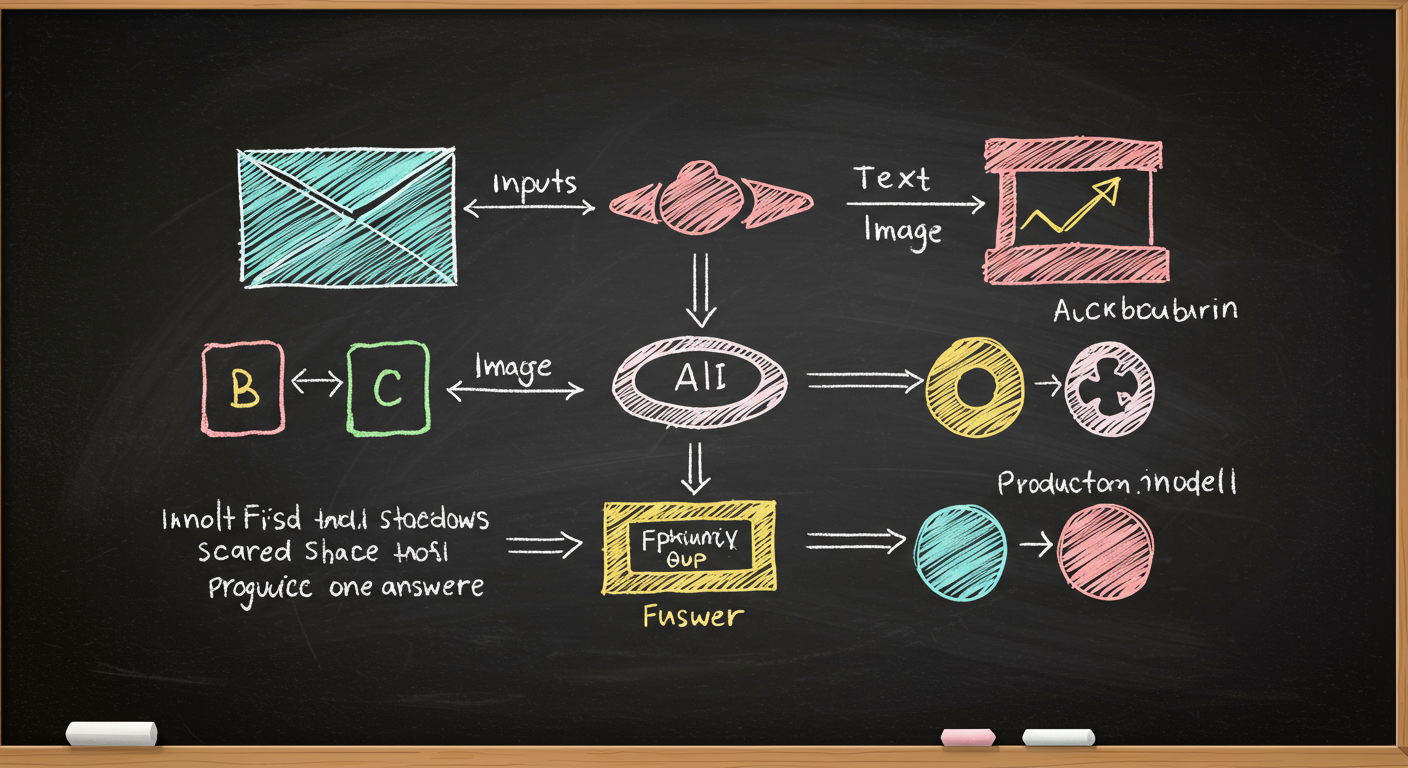 A multimodal AI system diagram showing text, image, and audio inputs flowing into one shared model and producing one answer