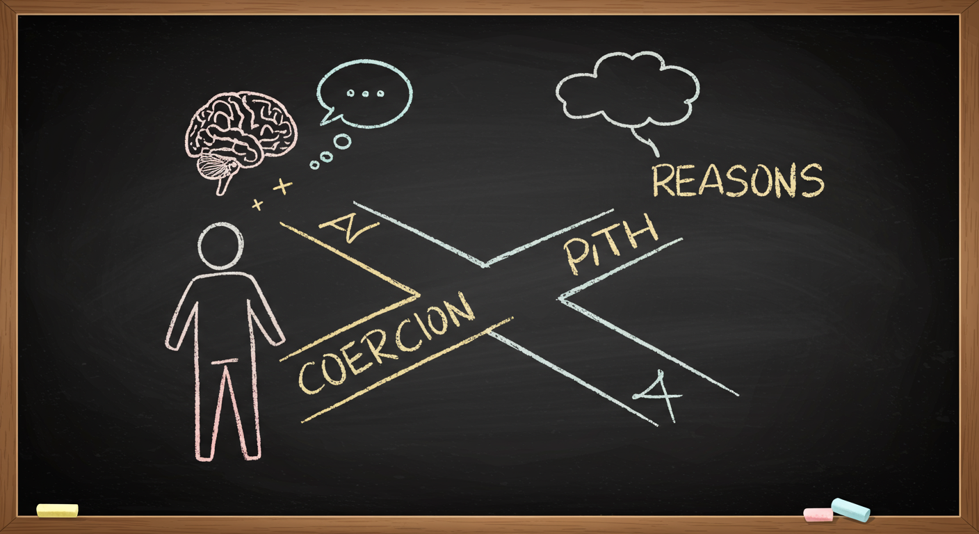 A person at a crossroads with one path labeled coercion and another path labeled reasons, with a brain and thought bubbles above the figure