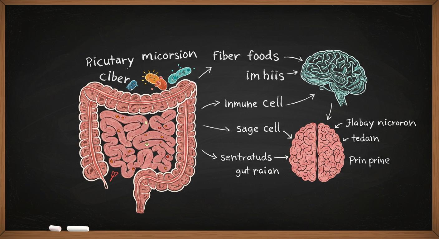 A cross section of the human digestive tract showing the colon filled with diverse gut microbes, fiber foods entering from one side, immune cells near the gut lining, and signals traveling to the brain