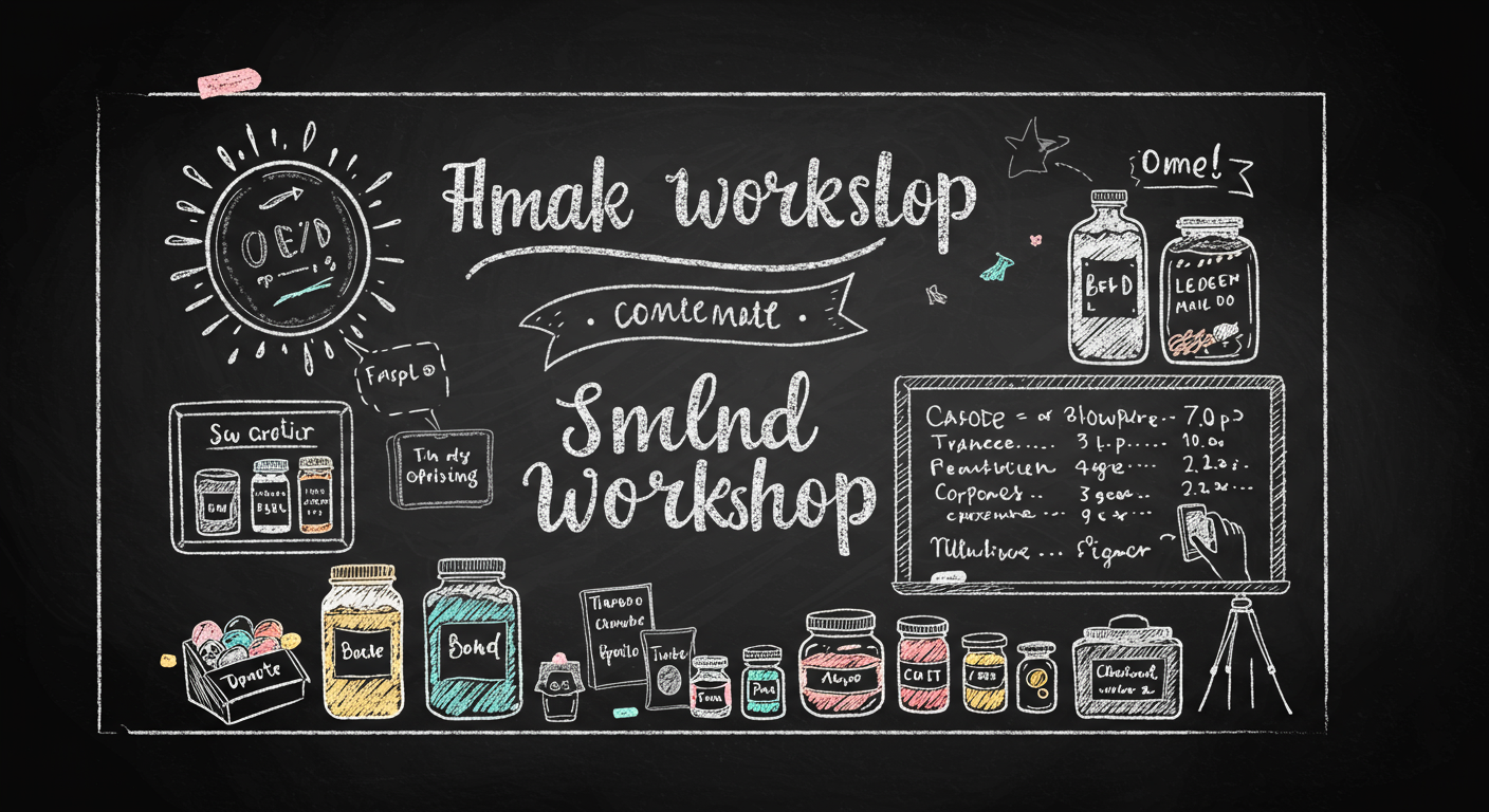 a small brand workshop with the maker labeling products, a camera filming behind the scenes, and a customer reading a transparent ingredient list