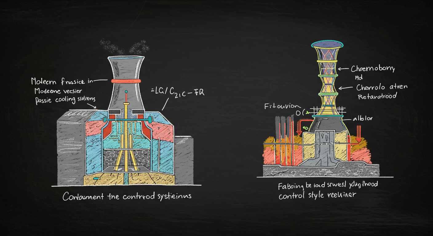 cross section of a modern nuclear reactor showing containment vessel passive cooling systems control rods and heat flow compared with a Chernobyl style reactor