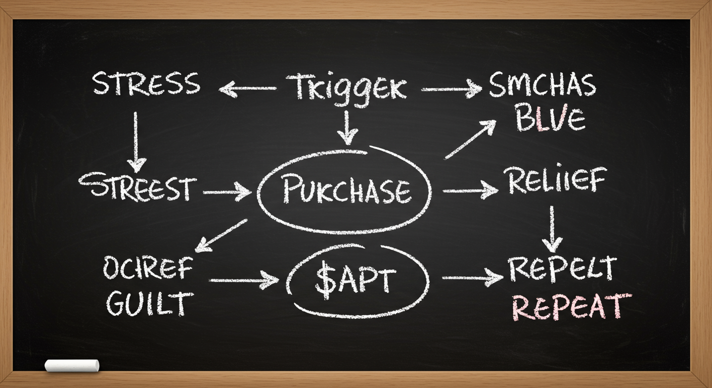 A simple loop diagram showing stress, trigger, purchase, relief, guilt, and repeat with arrows