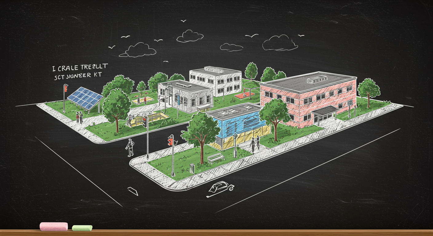 A city block with a cool roof, green roof, street trees, shaded sidewalks, solar panels, and pedestrians during a summer afternoon