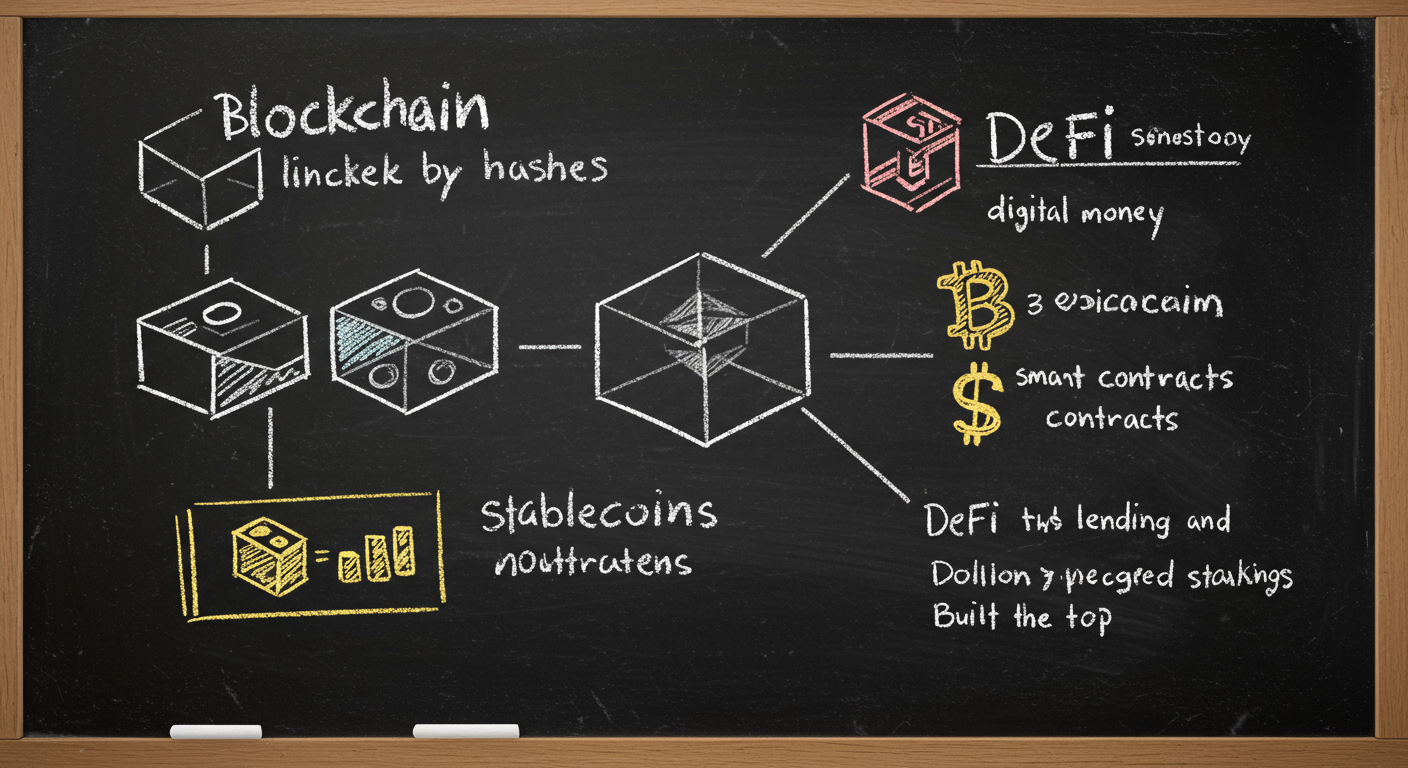 A clear educational diagram showing blockchain blocks linked by hashes, Bitcoin as digital money, Ethereum as smart contracts, stablecoins as dollar-pegged tokens, and DeFi as lending and staking apps built on top