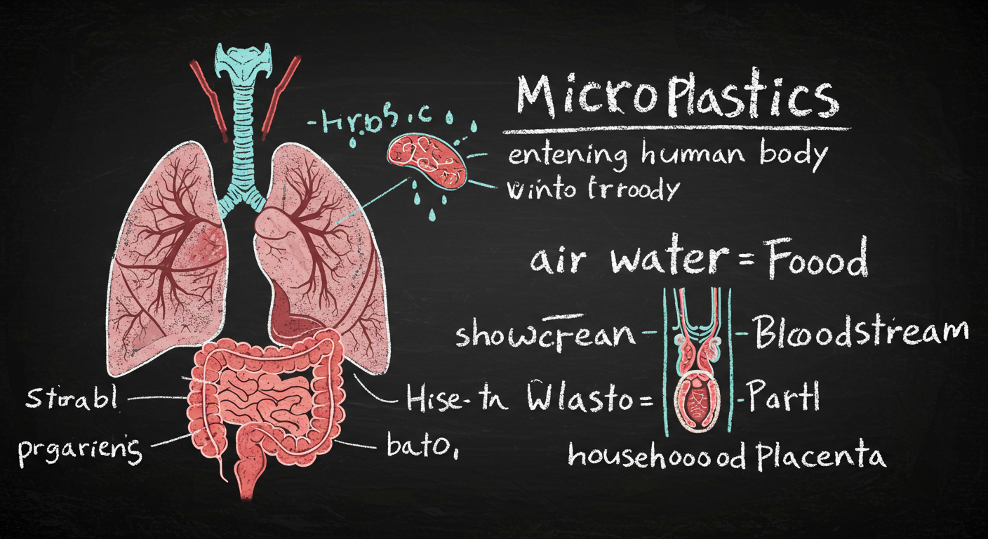 microplastics entering the human body through air water food and household dust with lungs gut bloodstream and placenta shown