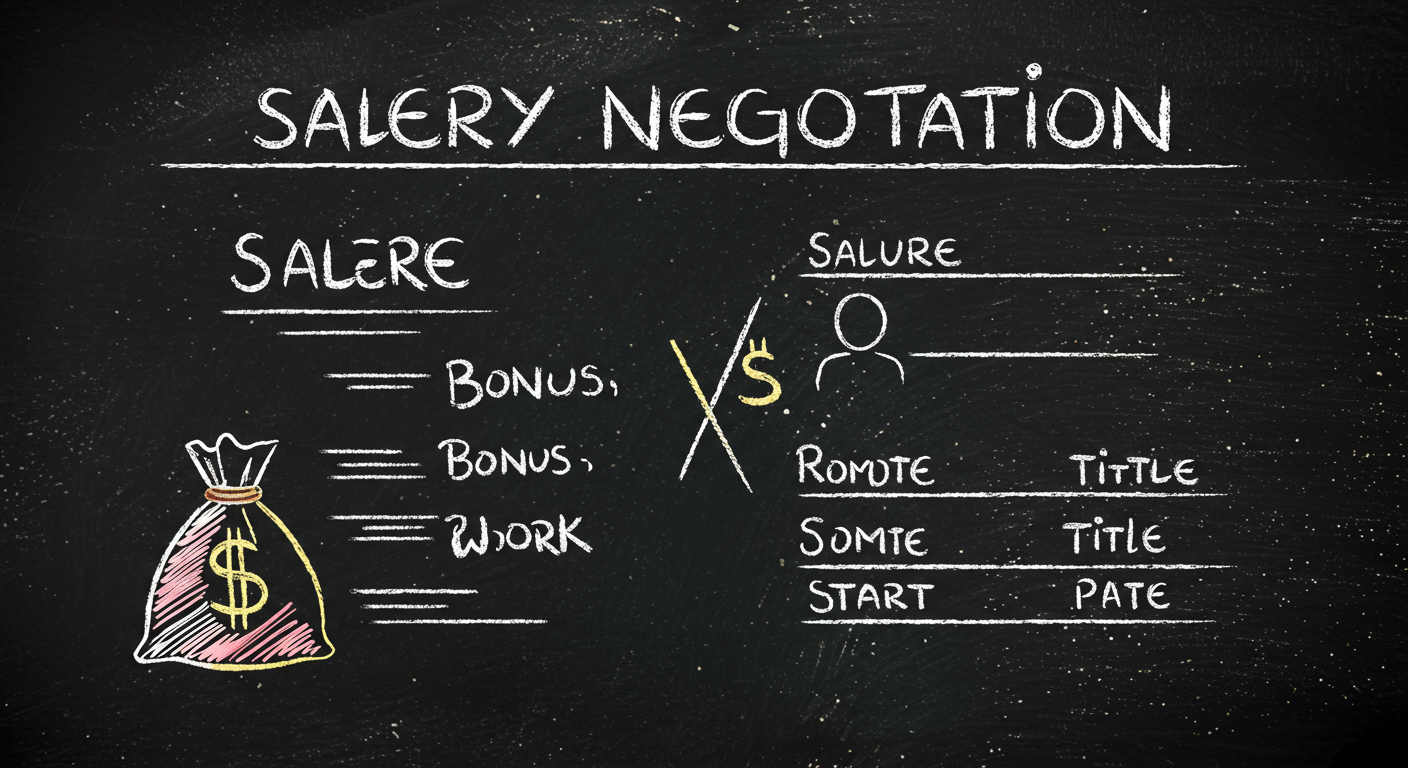 salary negotiation with two people comparing salary, bonus, remote work, title, and start date on a table