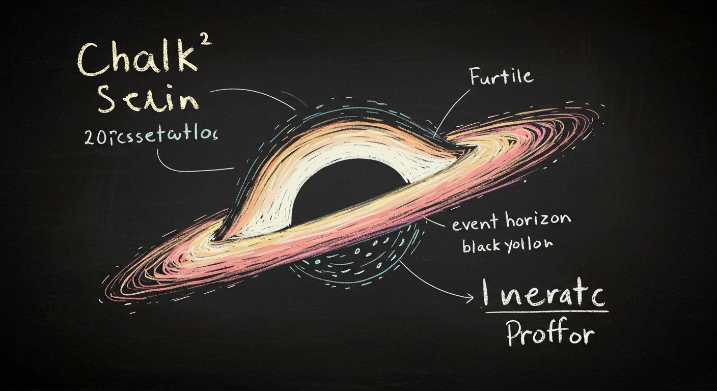 cross section of a black hole with event horizon labeled and light paths bending around it