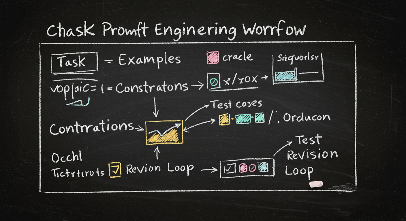 A whiteboard showing a prompt engineering workflow with task, examples, constraints, test cases, and revision loop