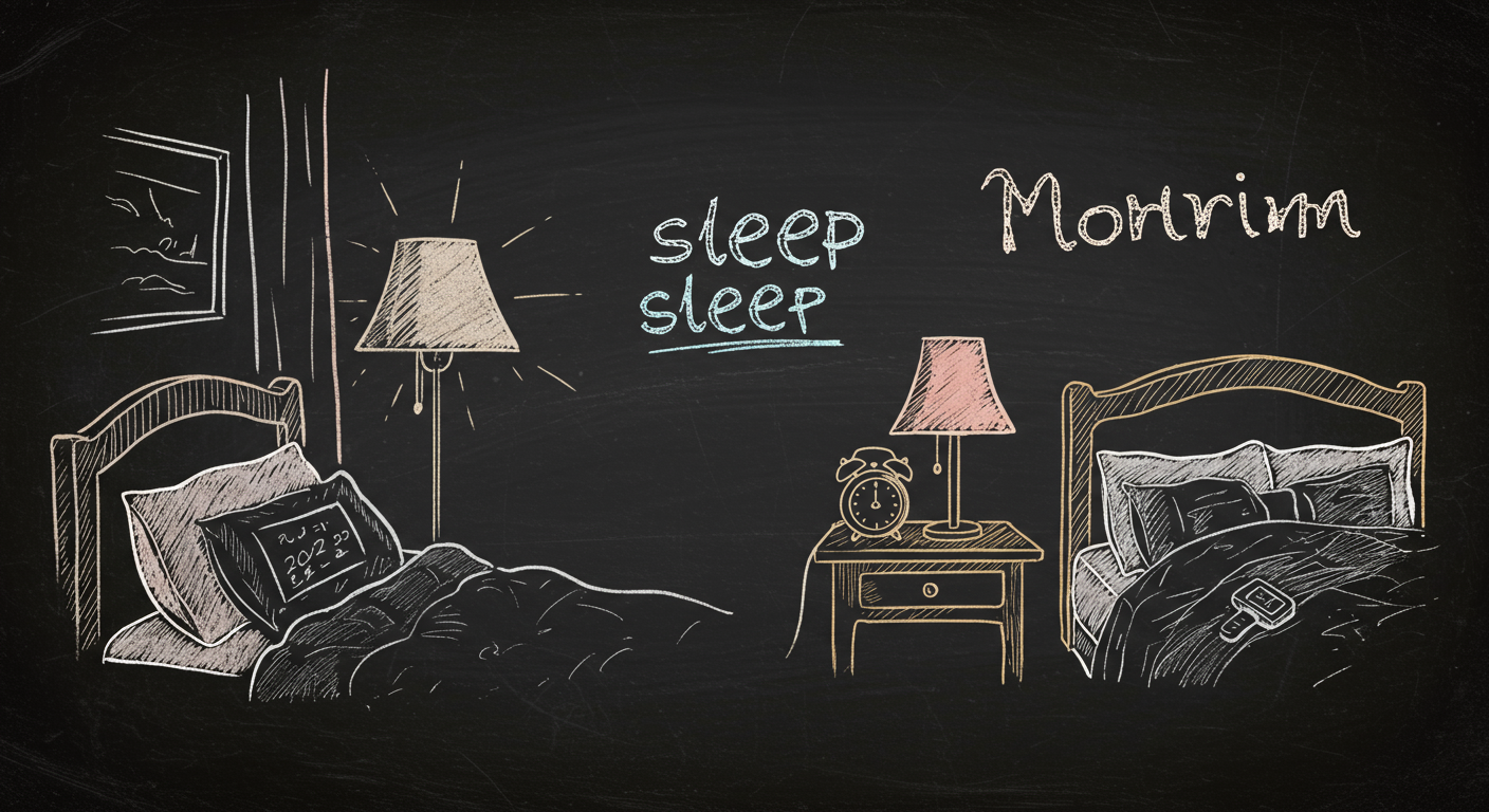 A bedroom scene showing morning sunlight, a dim evening lamp, a bedside clock, and a person using a wearable sleep tracker