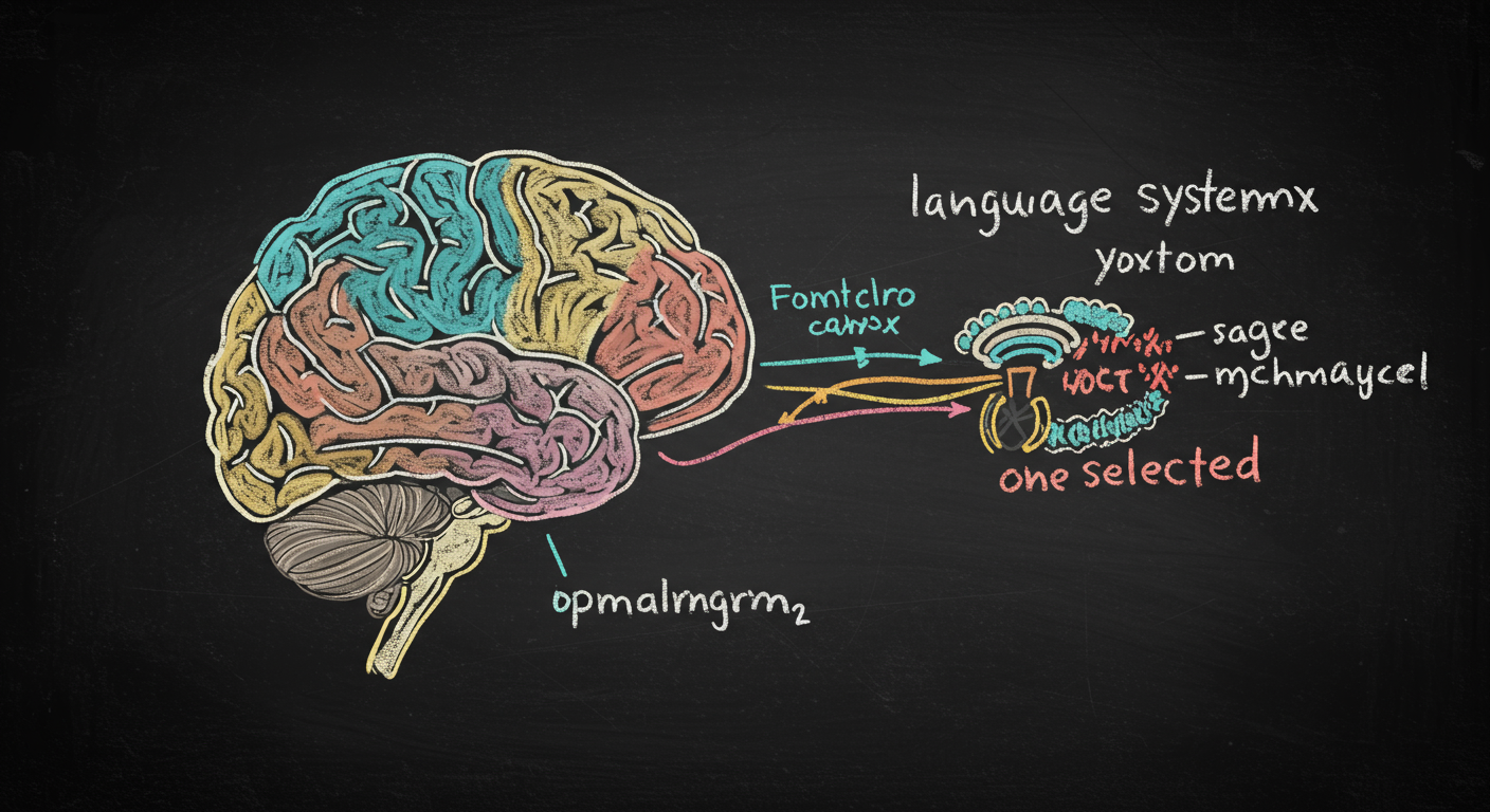 A brain network diagram showing language control regions in the frontal cortex and connected white matter pathways with two language systems competing and one selected