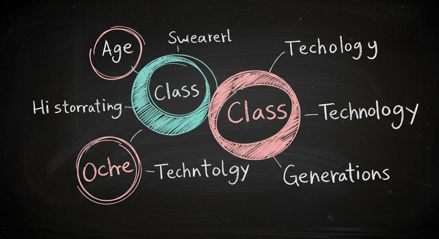A classroom whiteboard showing overlapping circles for age, class, technology, and historical events shaping generations