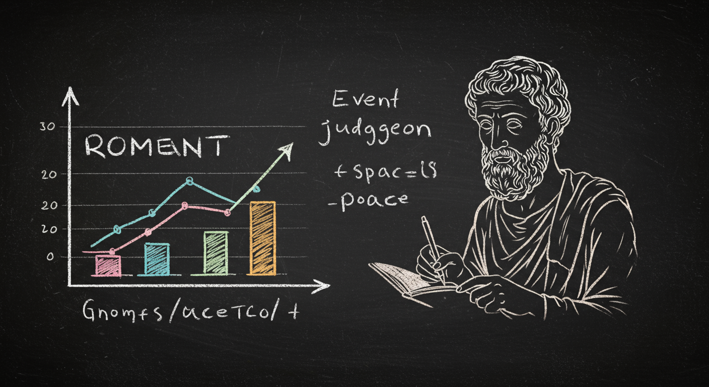 A Roman philosopher writing in a notebook beside a simple diagram showing event judgment response