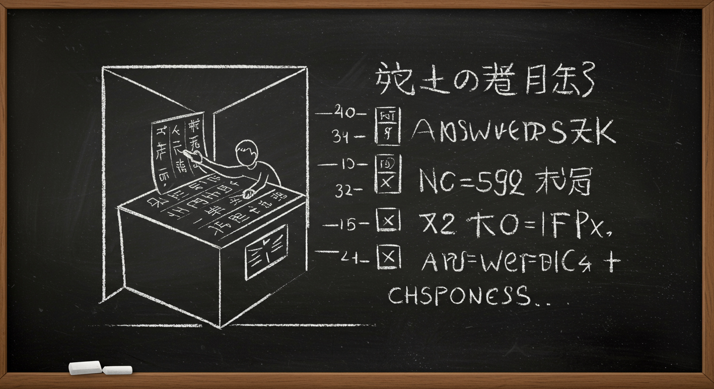 A person seated inside a room manipulating Chinese symbols with rule sheets while answers are passed in and out through a slot, with a split view showing outsiders reading fluent Chinese responses