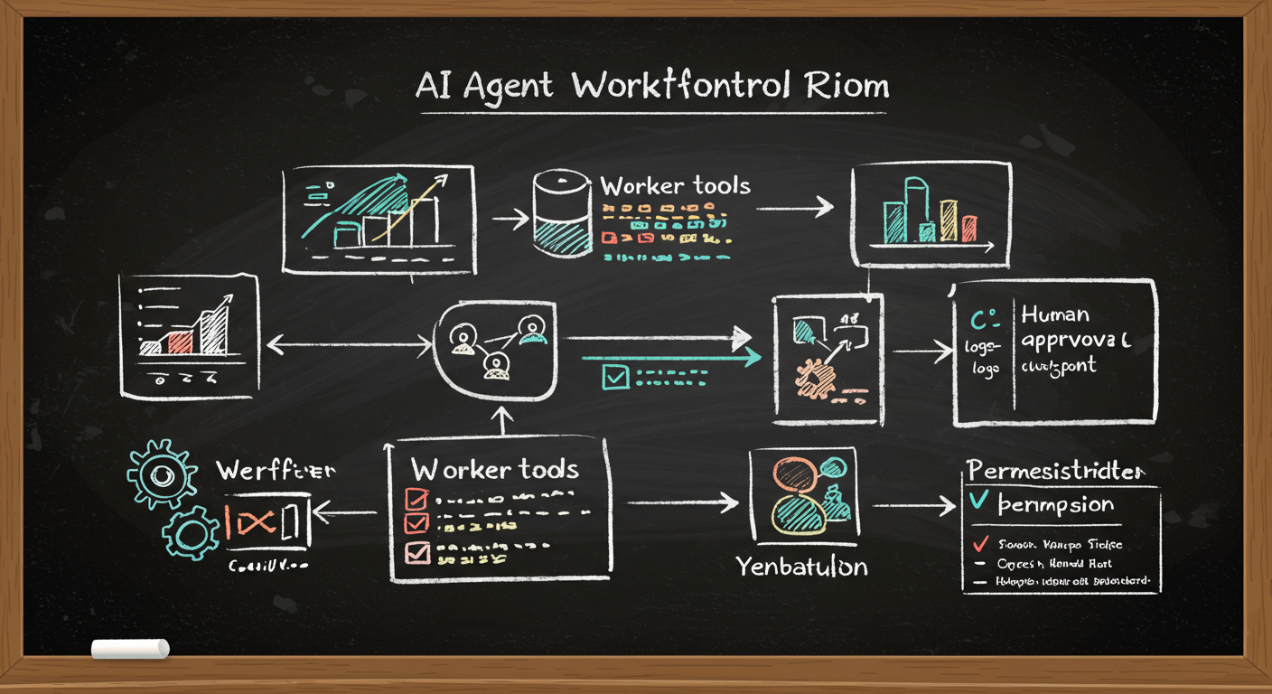 An AI agent workflow control room showing planner, worker tools, verifier, human approval checkpoint, logs, and permission boundaries