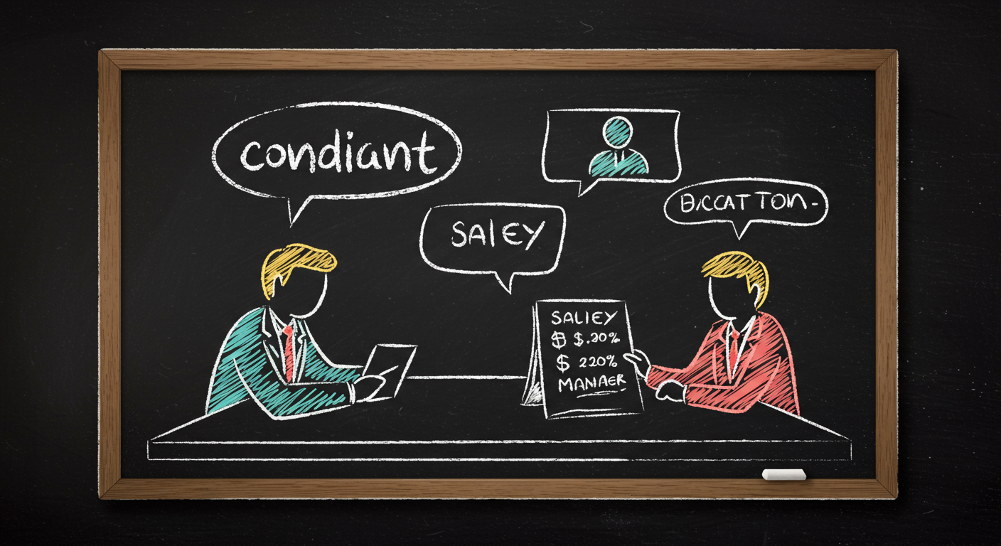 A candidate and hiring manager at a table with a salary range on a notepad and speech bubbles showing a respectful negotiation