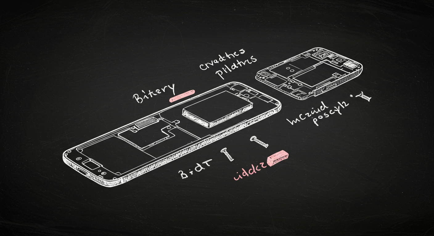 exploded view of a modular smartphone with removable battery screen camera and screws, showing parts separated for repair and recycling