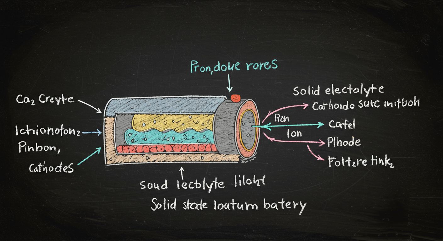 cross section of a solid-state battery showing solid electrolyte lithium metal anode cathode and ion flow
