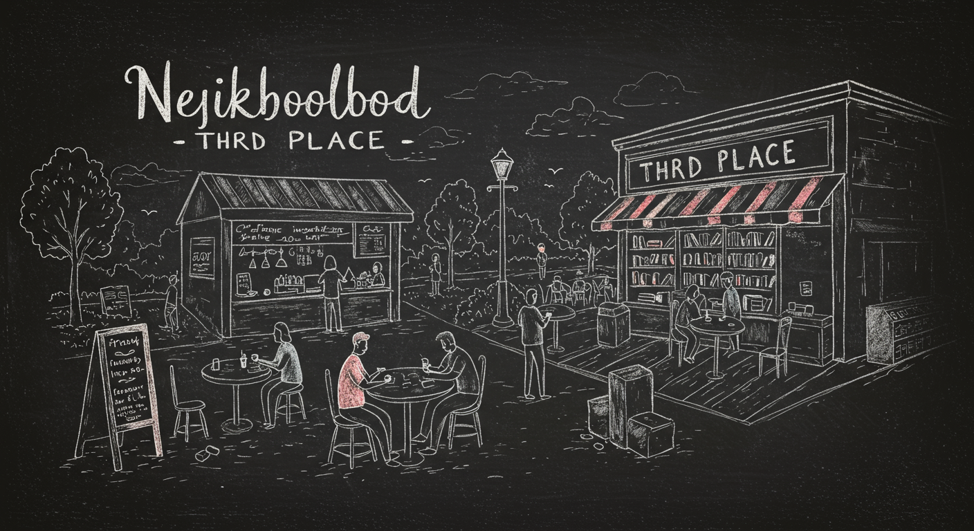 A neighborhood third place with people talking at tables, a barista serving coffee, a library corner, and a park bench nearby