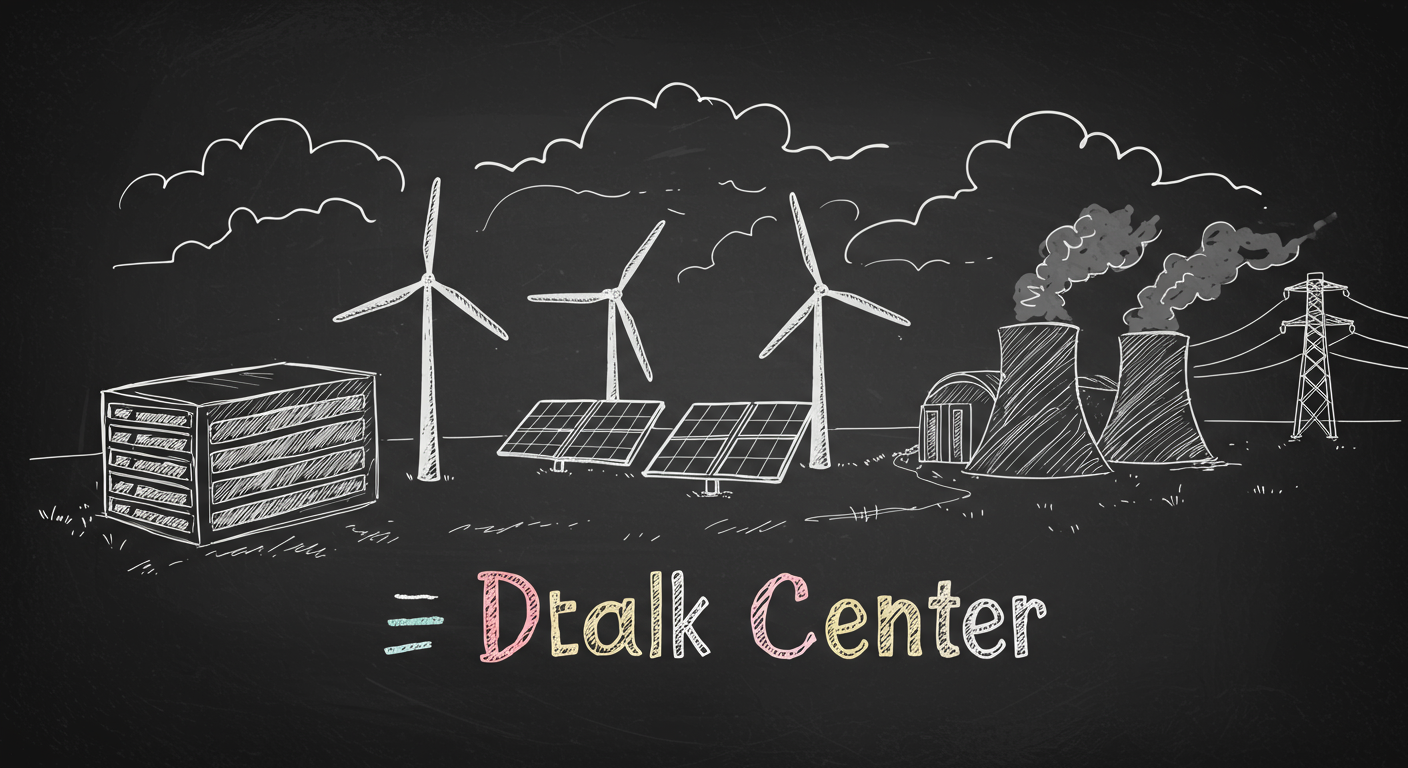 A data center next to solar panels wind turbines a nuclear plant and power transmission lines