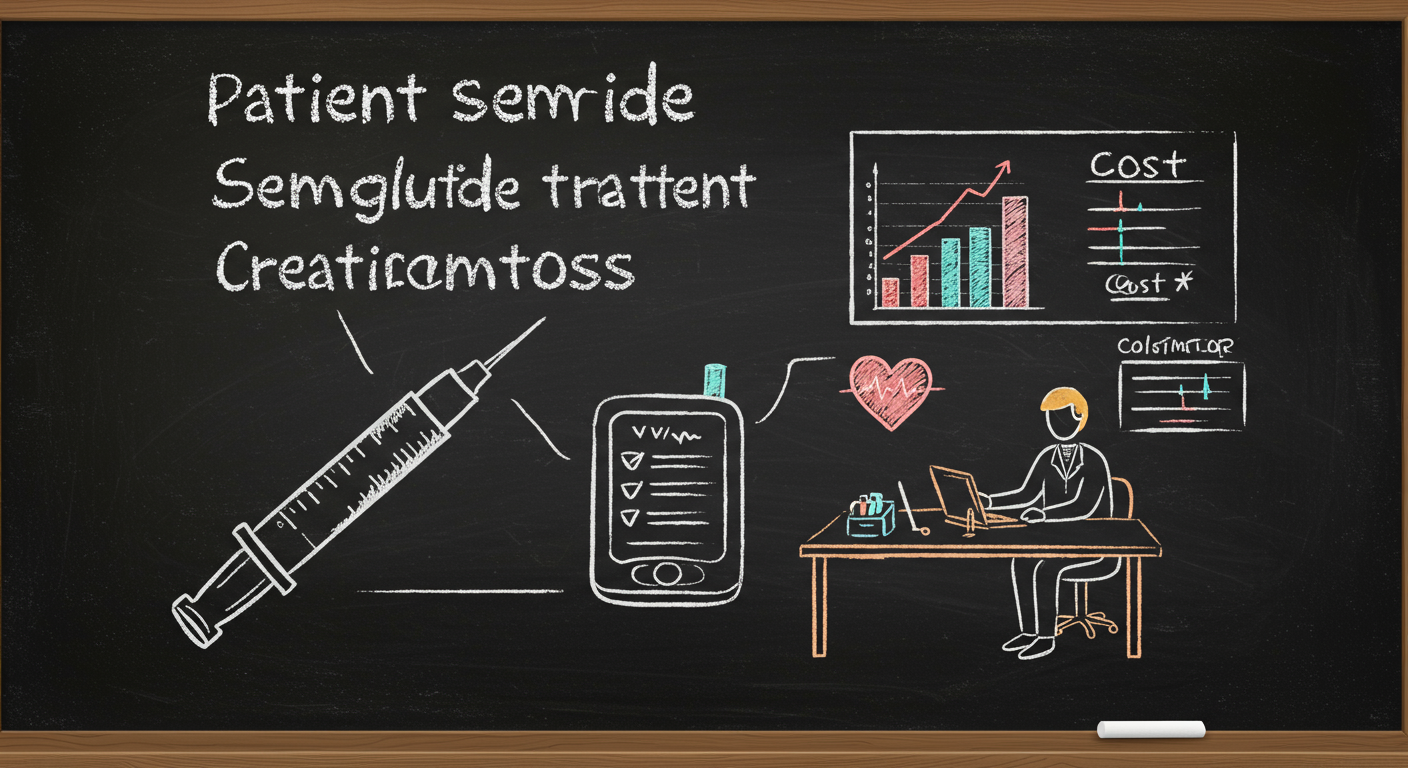 A patient discussing semaglutide treatment with a clinician, showing a weekly injection pen, a heart icon, a stomach icon, and a cost chart on the exam room wall