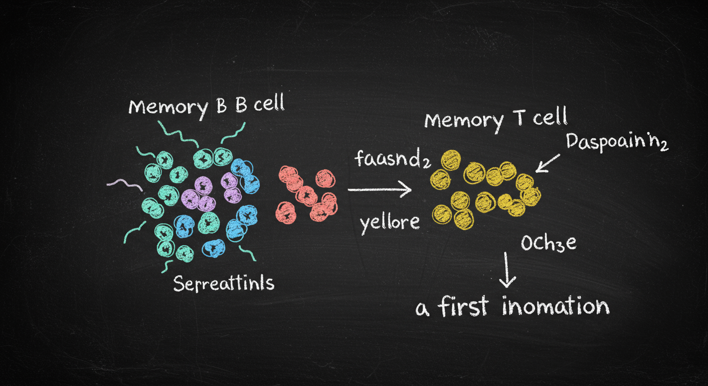 A clear diagram of a memory B cell and memory T cell responding faster during a second infection compared with a first infection