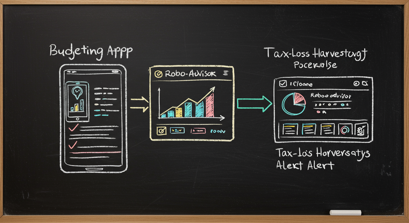 A clear diagram of a person comparing a budgeting app screen, a robo-advisor portfolio screen, and a tax-loss harvesting alert
