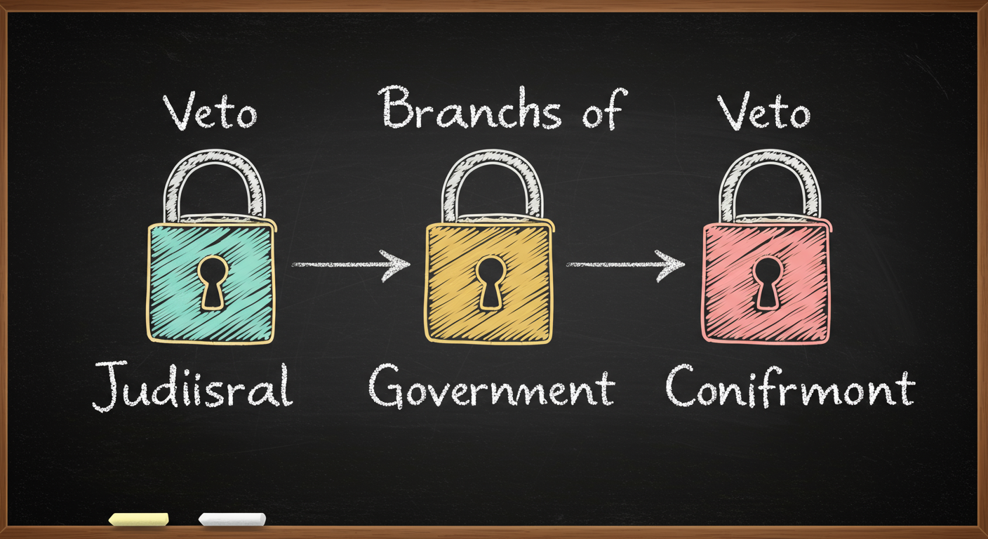 three branches of government shown as connected locks on a door with arrows showing veto judicial review and confirmation