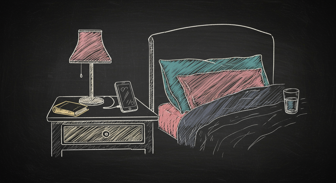 A bedside table with a book on the pillow, a phone charging across the room, and a water glass next to the bed