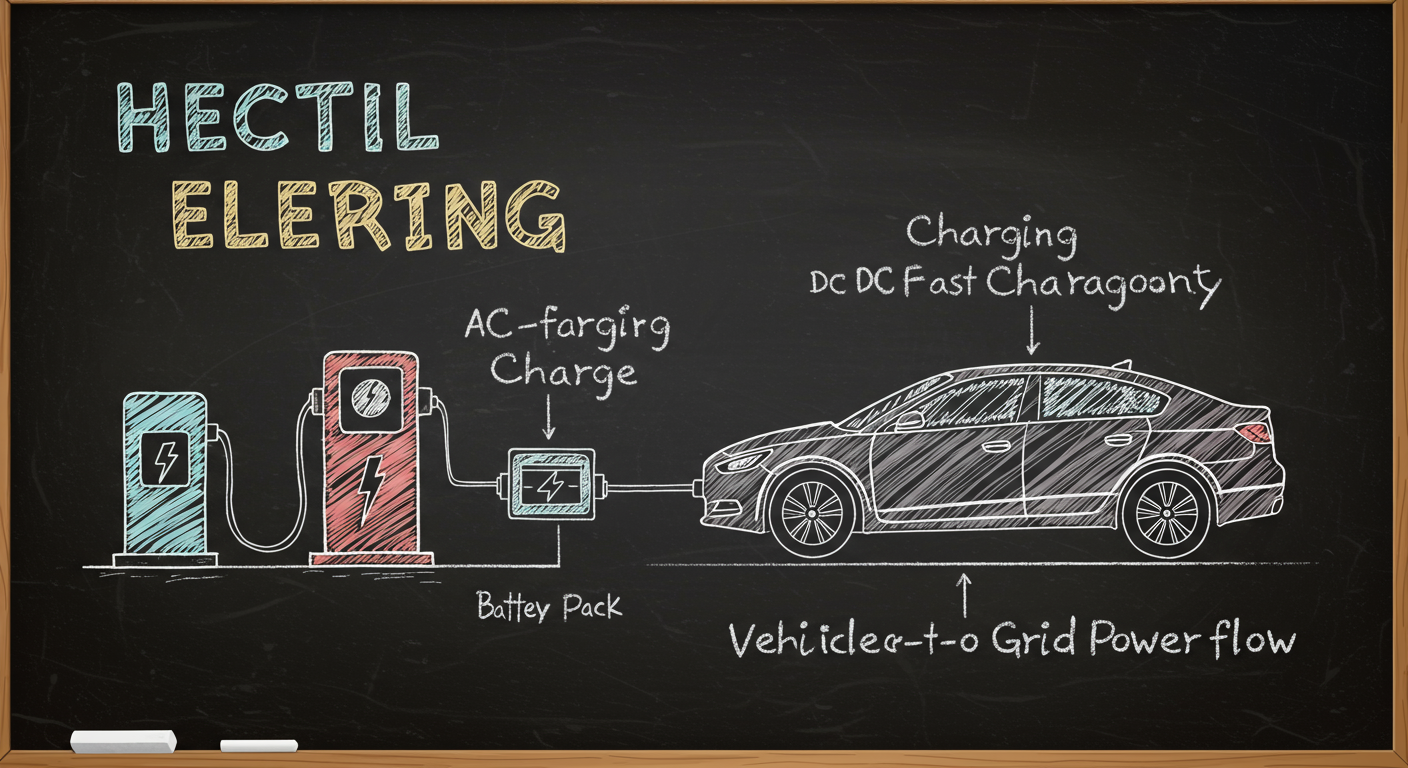 An electric car connected to a charging station with labeled components showing AC charging, DC fast charging, onboard charger, battery pack, and vehicle-to-grid power flow