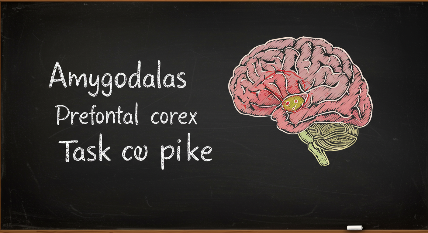 brain with amygdala and prefrontal cortex highlighted during a task cue