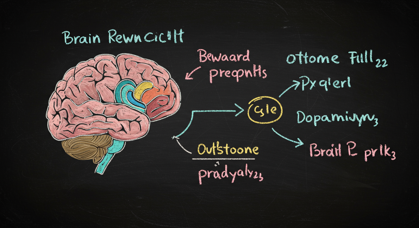 brain reward circuit with cue action outcome loop and highlighted dopamine pathway