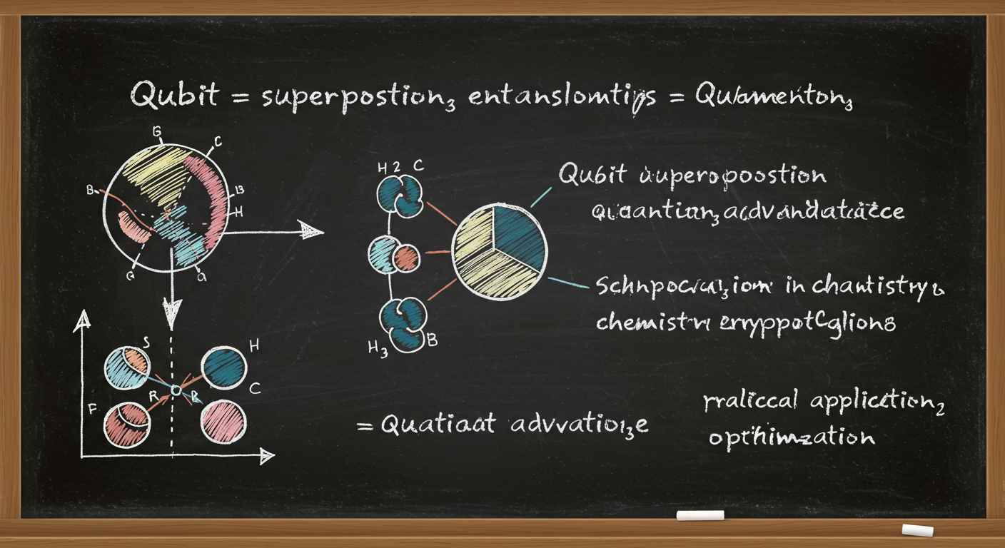 A classroom whiteboard showing qubit superposition entanglement quantum advantage and practical applications in chemistry cryptography and optimization