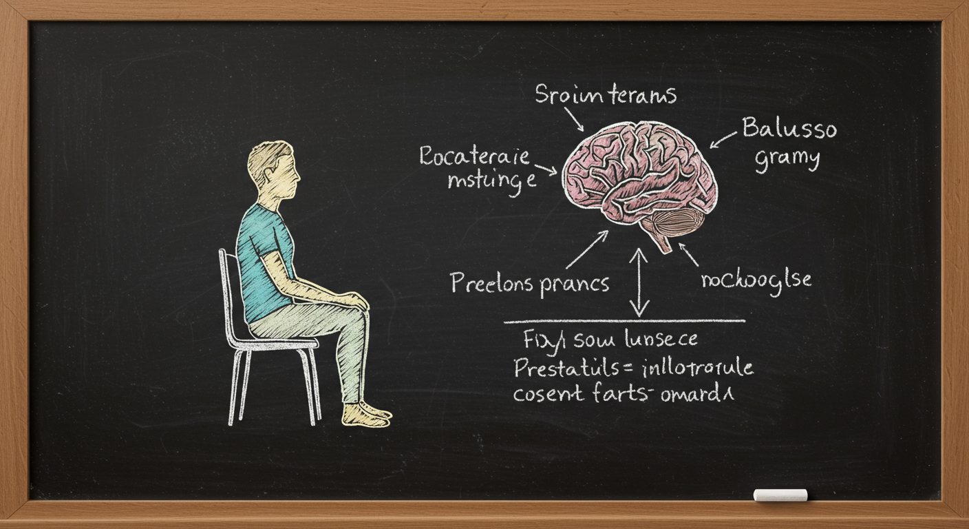 A person sitting quietly on a chair focusing on their breath with a simple brain and stress pathway diagram beside them