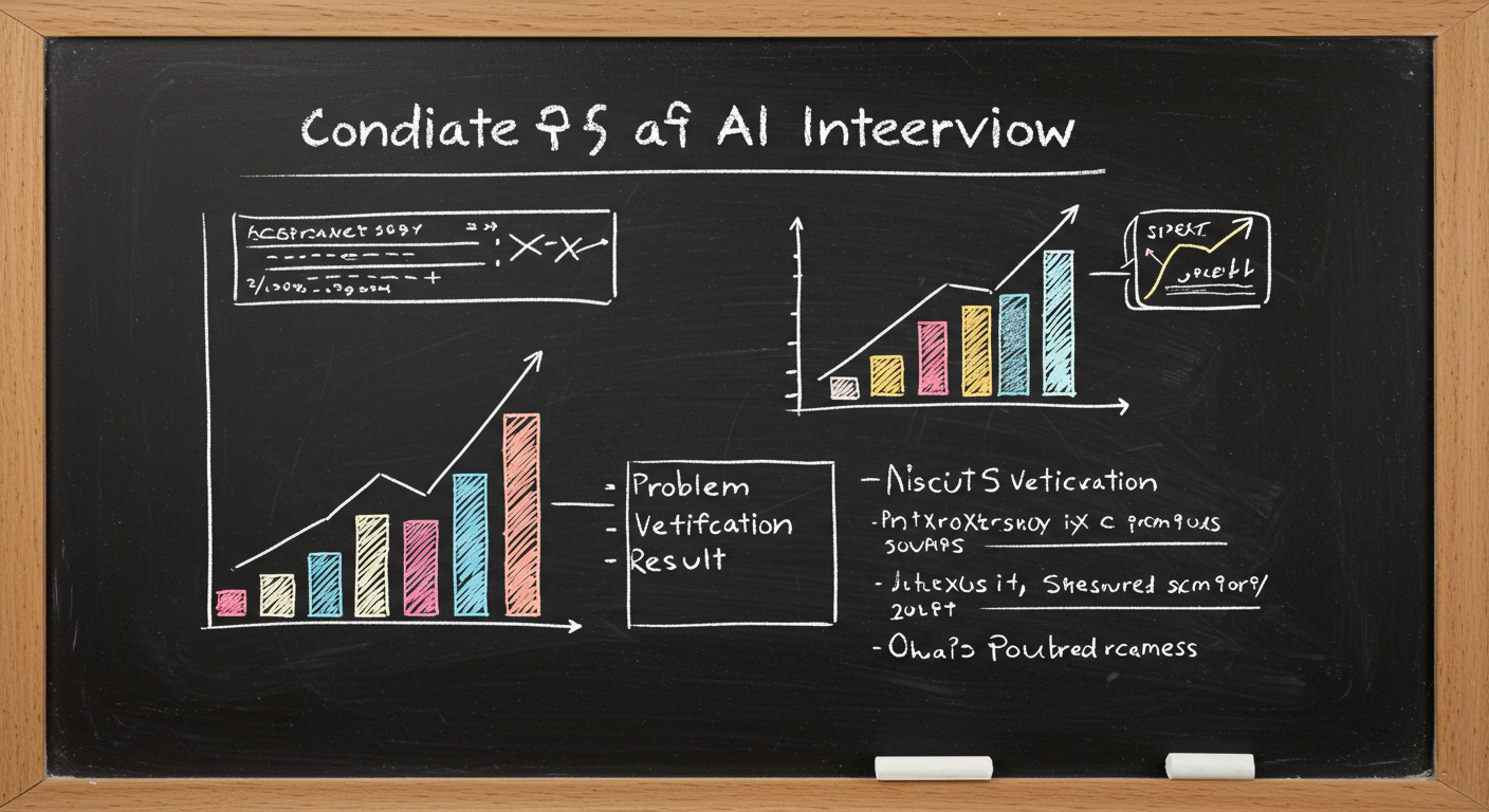 A candidate explaining an AI project in an interview while a whiteboard shows problem method verification result and measured outcomes