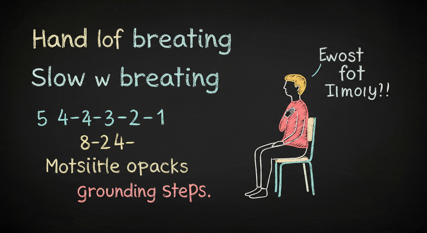 A person sitting on a chair practicing slow breathing with a hand on the chest and a simple diagram of the 5-4-3-2-1 grounding steps beside them