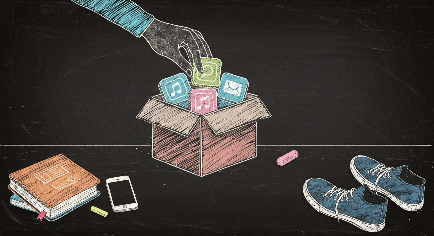 A person placing several social media app icons into a box while leaving a phone, notebook, book, and walking shoes on a table