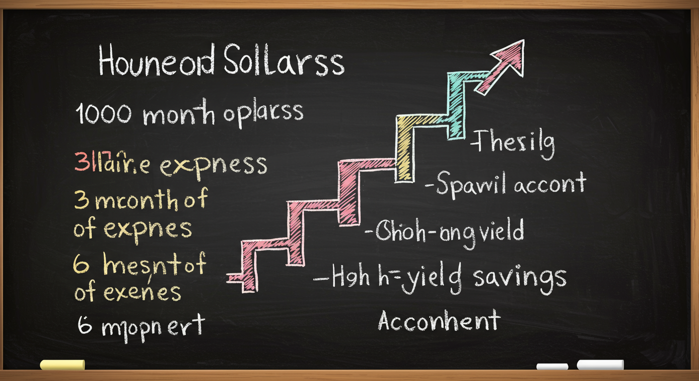 A household financial safety ladder with rungs labeled 1000 dollars, one month of expenses, three months of expenses, six months of expenses, and labels for checking account and high-yield savings account